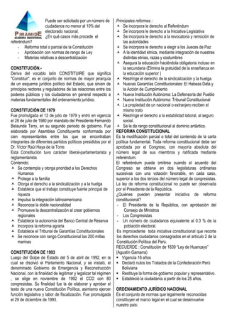 Puede ser solicitado por un número de
ciudadanos no menor al 10% del
electorado nacional.
¿En qué casos más procede el
referéndum?
- Reforma total o parcial de la Constitución
- Aprobación con normas de rango de Ley
- Materias relativas a descentralización
CONSTITUCIÓN.Deriva del vocablo latín CONSTITUIRE que significa
"Constituir", es el conjunto de normas de mayor jerarquía
de un esquema jurídico político del Estado, que sirven de
principios rectores y reguladores de las relaciones entre los
poderes públicos y los ciudadanos en general respecto a
materias fundamentales del ordenamiento jurídico.
CONSTITUCIÓN DE 1979
Fue promulgada el 12 de julio de 1979 y entró en vigencia
el 28 de julio de 1980 por mandato del Presidente Fernando
Belaunde Terry, en su segundo periodo de gobierno. Fue
elaborada por Asamblea Constituyente conformada por
cien representantes entre los que se encontraban
integrantes de diferentes partidos políticos presididos por el
Dr. Víctor Raúl Haya de la Torre.
Esta Constitución tuvo carácter liberal-parlamentarista y
reglamentarista.
Contenido:
 Se contempla y otorga prioridad a los Derechos
Humanos
 Protege a la familia
 Otorga el derecho a la sindicalización y a la huelga
 Establece que el trabajo constituye fuente principal de
riqueza
 Impulsa la integración latinoamericana
 Reconoce la doble nacionalidad
 Promueve la descentralización al crear gobiernos
regionales
 Establece la autonomía del Banco Central de Reserva
 Incorpora la reforma agraria
 Establece el Tribunal de Garantías Constitucionales
 Se reconoce con rango Constitucional las 200 millas
marinas
CONSTITUCIÓN DE 1993
Luego del Golpe de Estado del 5 de abril de 1992, en la
cual se disolvió el Parlamento Nacional, y se instaló, el
denominado Gobierno de Emergencia y Reconstrucción
Nacional, con la finalidad de legitimar y legalizar tal régimen
, se elige en noviembre de 1992 el CCD con 80
congresistas. Su finalidad fue la de elaborar y aprobar el
texto de una nueva Constitución Política, asimismo ejercer
función legislativa y labor de fiscalización. Fue promulgada
el 29 de diciembre de 1993.

Principales reformas :
 Se incorpora le derecho al Referéndum
 Se incorpora le derecho a la Iniciativa Legislativa
 Se incorpora le derecho a la revocatoria y remoción de
las autoridades
 Se incorpora le derecho a elegir a los Jueces de Paz
 A la identidad étnica, mediante integración de nuestras
distintas etnias, razas y costumbres
 Asegura la educación haciéndola obligatoria incluso en
la secundaria (Elimina la gratuidad de la enseñanza en
la educación superior )
 Restringe el derecho de la sindicalización y la huelga.
 Nuevas Garantías Constitucionales: El Habeas Data y
la Acción de Cumplimiento
 Nueva Institución Autónoma: La Defensoría del Pueblo
 Nueva Institución Autónoma: Tribunal Constitucional
 La propiedad de un nacional o extranjero reciben el
mismo trato
 Restringe el derecho a la estabilidad laboral, al seguro
social.
 Se le da rango constitucional al dominio antártico.
REFORMA CONSTITUCIONAL
Es la modificación parcial o total del contenido de la carta
política fundamental. Toda reforma constitucional debe ser
aprobada por el Congreso, con mayoría absoluta del
número legal de sus miembros y ratificada mediante
referéndum.
El referéndum puede omitirse cuando el acuerdo del
Congreso se obtiene en dos legislaturas ordinarias
sucesivas con una votación favorable, en cada caso,
superior a los dos tercios del número legal de congresistas.
La ley de reforma constitucional no puede ser observada
por el Presidente de la República.
¿Quiénes pueden presentar iniciativa de reforma
constitucional?
- El Presidente de la República, con aprobación del
Consejo de Ministros
- Los Congresistas
- Un número de ciudadanos equivalente al 0.3 % de la
población electoral.
Es improcedente toda iniciativa constitucional que recorte
los derechos ciudadanos consagrados en el artículo 2 de la
Constitución Política del Perú.
RECUERDE : Constitución de 1839 “Ley de Huancayo”
(Agustín Gamarra)
 Vigencia 16 años
 Declaró nulos los Tratados de la Confederación Perú
Boliviana
 Restituye la forma de gobierno popular y representativo.
 Estableció la ciudadanía a partir de los 25 años.
ORDENAMIENTO JURÍDICO NACIONAL
Es el conjunto de normas que legalmente reconocidas
constituyen el marco legal en el cual se desenvuelve
nuestro país:

 