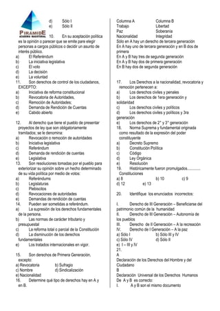 d)
e)

Sólo I
Sólo II

10.
En su aceptación política
es la opinión o parecer que se emite pare elegir
personas a cargos públicos o decidir un asunto de
interés público.
a)
El Referéndum
b)
La iniciativa legislativa
c)
El voto
d)
La decisión
e)
La voluntad
11.
Son derechos de control de los ciudadanos,
EXCEPTO:
a)
Iniciativa de reforma constitucional
b)
Revocatoria de Autoridades,
c)
Remoción de Autoridades;
d)
Demanda de Rendición de Cuentas
e)
Cabido abierto
12.
Al derecho que tiene el pueblo de presentar
proyectos de ley que son obligatoriamente
tramitados; se le denomina:
a)
Revocación o remoción de autoridades
b)
Iniciativa legislativa
c)
Referéndum
d)
Demanda de rendición de cuentas
e)
Legislativa
13.
Son resoluciones tomadas por el pueblo para
exteriorizar su opinión sobre un hecho determinado
de su vida política por medio de votos:
a)
Referéndums
b)
Legislaturas
c)
Plebiscitos
d)
Revocaciones de autoridades
e)
Demandas de rendición de cuentas
14.
Pueden ser sometidas a referéndum.
a)
La supresión de los derechos fundamentales
de la persona.
b)
Las normas de carácter tributario y
presupuestal
c)
La reforma total o parcial de la Constitución
d)
La disminución de los derechos
fundamentales
e)
Los tratados internacionales en vigor.
15.
Son derechos de Primera Generación,
excepto:
a) Revocatoria
b) Sufragio
c) Nombre
d) Sindicalización
e) Nacionalidad
16.
Determine qué tipo de derechos hay en A y
en B.

Columna A
Columna B
Trabajo
Libertad
Paz
Soberanía
Nacionalidad
Integridad
Sólo en A hay un derecho de tercera generación
En A hay uno de tercera generación y en B dos de
primera
En A y B hay tres de segunda generación
En A y B hay dos de primera generación
En B hay dos de segunda generación
17.
Los Derechos a la nacionalidad, revocatoria y
remoción pertenecen a:
a)
Los derechos civiles y penales
b)
Los derechos de 1era generación y
solidaridad
c)
Los derechos civiles y políticos
d)
Los derechos civiles y políticos y 3ra
generación
e)
Los derechos de 2° y 3° generación
18.
Norma Suprema y fundamental originada
como resultado de la expresión del poder
constituyente
a)
Decreto Supremo
b)
Constitución Política
c)
Código
d)
Ley Orgánica
e)
Resolución
19.
Históricamente fueron promulgados.............
Constituciones
a) 8
b) 10
c) 9
d) 12
e) 13
20.

Identifique los enunciados incorrectos:

I.
Derecho de III Generación – Beneficiarse del
patrimonio común de la humanidad
II.
Derecho de III Generación – Autonomía de
los pueblos
III.
Derecho de II Generación – A la recreación
IV.
Derecho de I Generación – A la paz
a) Sólo I
b) Sólo III y IV
c) Sólo IV
d) Sólo II
e) I – III y IV
21.
A
Declaración de los Derechos del Hombre y del
Ciudadano
B
Declaración Universal de los Derechos Humanos
De A y B es correcto:
I.
A y B son el mismo documento

 