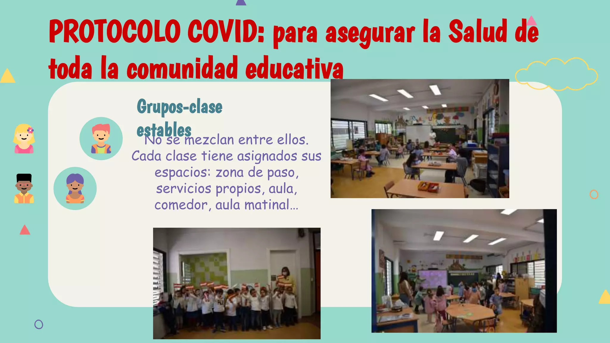 PROTOCOLO COVID: para asegurar la Salud de
toda la comunidad educativa
No se mezclan entre ellos.
Cada clase tiene asignados sus
espacios: zona de paso,
servicios propios, aula,
comedor, aula matinal…
Grupos-clase
estables
 