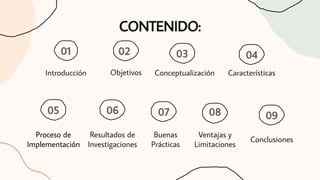 Introducción
01 02 03 04
05 06
CONTENIDO:
Objetivos Conceptualización Características
Proceso de
Implementación
Ventajas y
Limitaciones
Conclusiones
Buenas
Prácticas
Resultados de
Investigaciones
08
07 09
 