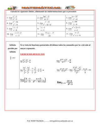 Prof. REIMY PALENCIA……………reimypalencia.webnode.com.ve
Calcula los siguientes límites, eliminando las indeterminaciones que se presenten
1.
1
1
2
3
1 x
x
Lim
x
2.
1
3
3 2
1 m
m
Lim
m
3.
4
)
2
(
2
2
2 x
x
Lim
x
4.
8
16
3
4
2 x
x
Lim
x
5.
6
5
9
2
2
3 t
t
t
Lim
t
6.
8
64
64 x
x
Lim
x
7.
8
2
3
8 r
r
Lim
r
8.
1
1
3
x
x
9.
1
1
2
2
1 x
x
x
Lim
x
10.
3
2
1
3 v
v
Lim
v
11.
n
n
Lim
n 2
5
5
0
11.
6
2
2
2 x
x
x
Lim
x
Infinito
partido por
infinito
Si se trata de funciones potenciales dividimos todos los sumandos por la x elevada al
mayor exponente.
EJERCICIOS RESUELTOS
 