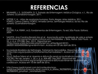 REFERÊNCIAS
• BRUNNER, L. S., SUDDARTH, D. S. Tratado de Enfermagem: Médico-Cirúrgica. v.1,. Rio de
Janeiro: Guanabara Koogan, 2011.
• NETTER, F. H. - Atlas de anatomia humana. Porto Alegre: Artes Médica, 2011.
PORTO, Celmo Celeno; PORTO, Arnaldo Lemos. Semiologia Médica. 6a ed. Rio de
Janeiro: Guanabara-Koogan,
• 2010.
POTTER, P.A; PERRY, A.G. Fundamentos de Enfermagem. 7a ed. São Paulo: Editora;
2009.
• SANTOS, Ana Carolina Bonelá dos et al . Associação entre qualidade de vida e estado
nutricional em pacientes renais crônicos em hemodiálise. J. Bras. Nefrol. São Paulo , v.
35, n. 4, p. 279-288, Dec. 2013 . Disponível em
<http://www.scielo.br/scielo.php?script=sci_arttext&pid=S0101-
28002013000400008&lng=en&nrm=iso>. Acesso em 09 de abril de 2016.
• Sociedade Brasileira de Nefrologia, Tratamento Hemodiálise. Disponível em:
<http://sbn.org.br/publico/tratatamentos/hemodialise/>. Acesso em 10 de abril de
2016.
• TELLO, Bolívar Sáenz et al. Anemia e disfunção renal na insuficiência cardíaca. Rev.
SOCERJ. Rio de Janeiro, v. 20, n. 6, p. 434-442, Dez.2007. Disponível em
<http://www.rbconline.org.br/artigo/anemia-e-disfuncao-renal-na- insuficiencia-
cardiaca/>. Acesso em 10 de abril de 2016.
• http://www.medicinanet.com.br/conteudos/acp-
medicine/5400/insuficiencia_renal_cronica_e_dialise_%E2%80%93_raghu_v_durvasula_
%E2%80%93_jonathan _himmelfarb.htm
.
 