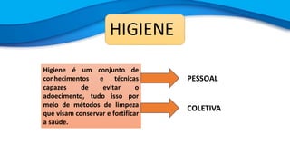 HIGIENE
Higiene é um conjunto de
conhecimentos e técnicas
capazes de evitar o
adoecimento, tudo isso por
meio de métodos de limpeza
que visam conservar e fortificar
a saúde.
PESSOAL
COLETIVA
 