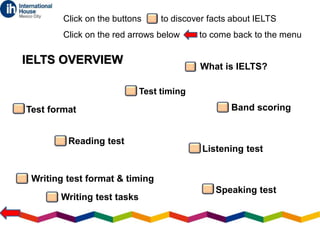 What is IELTS?
Test timing
Band scoring
Test format
Reading test
Listening test
Writing test format & timing
Speaking test
Writing test tasks
IELTS OVERVIEW
Click on the buttons to discover facts about IELTS
Click on the red arrows below to come back to the menu
 