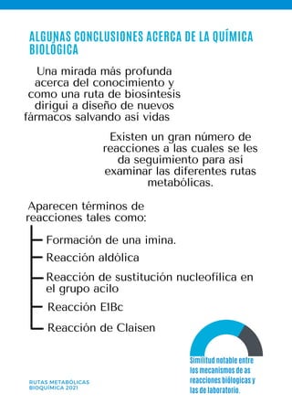 RUTAS METABÓLICAS
BIOQUÍMICA 2021
Similitud notable entre
los mecanismos de as
reacciones biólogicas y
las de laboratorio.
ALGUNAS CONCLUSIONES ACERCA DE LA QUÍMICA
BIOLÓGICA
Una mirada más profunda
acerca del conocimiento y
como una ruta de biosíntesis
dirigui a diseño de nuevos
fármacos salvando así vidas
Existen un gran número de
reacciones a las cuales se les
da seguimiento para así
examinar las diferentes rutas
metabólicas.
Aparecen términos de
reacciones tales como:
Formación de una imina.
Reacción aldólica
Reacción de sustitución nucleofílica en
el grupo acilo
Reacción E1Bc
Reacción de Claisen
 