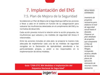 26
7. Implantación del ENS
Se elaborará un Plan de Mejora de la Seguridad que defna las acciones
a llevar a cabo en el sistema en función de su categorización para
subsanar las insufciencias detectadas en el cumplimiento del ENS y su
normativa de desarrollo.
Cada acción prevista incluirá la relación entre la acción propuesta, las
insufciencias que subsana y las medidas de seguridad del Anexo II
relacionadas.
Entre las acciones incluidas en este plan, se propone la manera más
adecuada de implementar cada una de las medidas de seguridad
recogidas en la Declaración de Aplicabilidad, atendiendo a las
particularidades propias, y asistir a los responsables en la
implementación de dichas medidas.
7.5. Plan de Mejora de la Seguridad
Guía “CNN-STIC 804 Medidas e implantación del
Esquema Nacional de Seguridad”
RESULTADOS
ESPERADOS:
Inventario de
proyectos
necesarios para
elaborar el nivel
de seguridad
actual hasta el
deseado.
Preparar un
plan detallado
de proyectos
que compondrá
el Plan de
Gestión de
Riesgos,
incluyendo:
alcance, detalle
de las tareas,
plazos de
ejecución,
estimación de
recursos / costes
necesarios
 