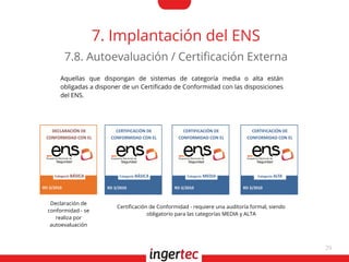 29
7. Implantación del ENS
7.8. Autoevaluación / Certifcación Externa
Aquellas que dispongan de sistemas de categoría media o alta están
obligadas a disponer de un Certifcado de Conformidad con las disposiciones
del ENS.
Declaración de
conformidad - se
realiza por
autoevaluación
Certifcación de Conformidad - requiere una auditoría formal, siendo
obligatorio para las categorías MEDIA y ALTA
 