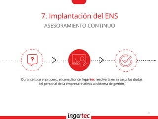 30
7. Implantación del ENS
Durante todo el proceso, el consultor de Ingertec resolverá, en su caso, las dudas
del personal de la empresa relativas al sistema de gestión.
ASESORAMIENTO CONTINUO
 