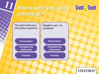 The past continuous:
information questions
Negative yes / no
questions
Where were you going
yesterday?
Presentation
Complete the
statements
Practice
Presentation
Complete the
statements
Practice
 