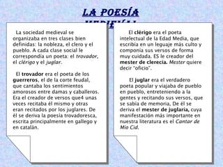 La poesía
                             medievaL
 La sociedad medieval se                   El clérigo era el poeta
organizaba en tres clases bien         intelectual de la Edad Media, que
definidas: la nobleza, el clero y el   escribía en un leguaje más culto y
pueblo. A cada clase social le         componía sus versos de forma
correspondía un poeta: el trovador,    muy cuidada. ES le creador del
el clérigo y el juglar.                mester de clerecía. Mester quiere
                                       decir “oficio”.
 El trovador era el poeta de los
guerreros, el de la corte feudal,          El juglar era el verdadero
que cantaba los sentimientos           poeta popular y viajaba de pueblo
amorosos entre damas y caballeros.     en pueblo, entreteniendo a la
Era el creador de versos que4 unas     gentes y recitando sus versos, que
veces recitaba él mismo y otras        se sabía de memoria, De él se
eran recitados por los juglares. De    deriva el mester de juglaría, cuya
él se deriva la poesía trovadoresca,   manifestación más importante en
escrita principalmente en gallego y    nuestra literatura es el Cantar de
en catalán.                            Mío Cid.
 