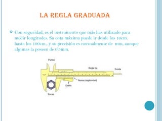 LA REGLA GRADUADA Con seguridad, es el instrumento que más has utilizado para medir longitudes. Su cota máxima puede ir desde los 10cm. hasta los 100cm., y su precisión es normalmente de  mm, aunque algunas la poseen de 0'5mm.  