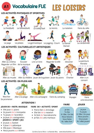 Fiche de vocabulaire- Les loisirs (A1/ A2) | PDF