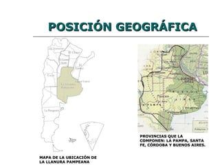 POSICIÓN GEOGRÁFICA PROVINCIAS QUE LA COMPONEN: LA PAMPA, SANTA FE, CÓRDOBA Y BUENOS AIRES. MAPA DE LA UBICACIÓN DE LA LLANURA PAMPEANA 