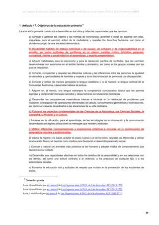 Ley Orgánica de Educación 2/2006, de 3 de mayo LOE, modificada por la Ley Orgánica 8/2013, de 9 de diciembre LOMCE
____________________________________________________________________________________________________________________________________________________________________________________________________________________________________________________________________________________________________________________________________________________________________________________________________________________________________________________________________________________________________________________________________________________________________________________________________________________________________________________________________________________________________________________________________________________________________________________________________________________________________________________________________________________________________________________________________________________________________________________________________________________________________________________________________________________________________________________________________________________________________________________________________________________________________________________________________________________________________
____________________________________________________________________________________________________________________________________________________________________________________________________________________________________________________________________________________________________________________________________________________________________________________________________________________________________________________________________________________________________________________________________________________________________________________________________________________________________________________________________________________________________________________________________________________________________________________________________________________________________________________________________________________________________________________________________________________________________________________________________________________________________________________________________________________________________________________________________________________________________________________________________________________________________________________________________________________________________
____________________________________________________________________________________________________________________________________________________________________________________________________________________________________________________________________________________________________________________________________________________________________________________________________________________________________________________________________________________________________________________________________________________________________________________________________________________________________________________________________________________________________________________________________________________________________________________________________________________________________________________________________________________________________________________________________________________________________________________________________________________________________________________________________________________________________________________________________________________________________________________________________________________________________________________________________________________________________

1 Artículo 17. Objetivos de la educación primaria

8

La educación primaria contribuirá a desarrollar en los niños y niñas las capacidades que les permitan:
a) Conocer y apreciar los valores y las normas de convivencia, aprender a obrar de acuerdo con ellas,
prepararse para el ejercicio activo de la ciudadanía y respetar los derechos humanos, así como el
pluralismo propio de una sociedad democrática.
b) Desarrollar hábitos de trabajo individual y de equipo, de esfuerzo y de responsabilidad en el
estudio, así como actitudes de confianza en sí mismo, sentido crítico, iniciativa personal,
curiosidad, interés y creatividad en el aprendizaje, y espíritu emprendedor.
c) Adquirir habilidades para la prevención y para la resolución pacífica de conflictos, que les permitan
desenvolverse con autonomía en el ámbito familiar y doméstico, así como en los grupos sociales con los
que se relacionan.
d) Conocer, comprender y respetar las diferentes culturas y las diferencias entre las personas, la igualdad
de derechos y oportunidades de hombres y mujeres y la no discriminación de personas con discapacidad.
e) Conocer y utilizar de manera apropiada la lengua castellana y, si la hubiere, la lengua cooficial de la
Comunidad Autónoma y desarrollar hábitos de lectura.
f) Adquirir en, al menos, una lengua extranjera la competencia comunicativa básica que les permita
expresar y comprender mensajes sencillos y desenvolverse en situaciones cotidianas.
g) Desarrollar las competencias matemáticas básicas e iniciarse en la resolución de problemas que
requieran la realización de operaciones elementales de cálculo, conocimientos geométricos y estimaciones,
así como ser capaces de aplicarlos a las situaciones de su vida cotidiana.
h) Conocer los aspectos fundamentales de las Ciencias de la Naturaleza, las Ciencias Sociales, la
Geografía, la Historia y la Cultura.
i) Iniciarse en la utilización, para el aprendizaje, de las tecnologías de la información y la comunicación
desarrollando un espíritu crítico ante los mensajes que reciben y elaboran.
j) Utilizar diferentes representaciones y expresiones artísticas e iniciarse en la construcción de
propuestas visuales y audiovisuales.
k) Valorar la higiene y la salud, aceptar el propio cuerpo y el de los otros, respetar las diferencias y utilizar
la educación física y el deporte como medios para favorecer el desarrollo personal y social.
l) Conocer y valorar los animales más próximos al ser humano y adoptar modos de comportamiento que
favorezcan su cuidado.
m) Desarrollar sus capacidades afectivas en todos los ámbitos de la personalidad y en sus relaciones con
los demás, así como una actitud contraria a la violencia, a los prejuicios de cualquier tipo y a los
estereotipos sexistas.
n) Fomentar la educación vial y actitudes de respeto que incidan en la prevención de los accidentes de
tráfico.

8

Notas de vigencia

Letra b) modificado por art. único.8 de Ley Orgánica núm. 8/2013, de 9 de diciembre. RCL20131771.
Letra h) modificado por art. único.8 de Ley Orgánica núm. 8/2013, de 9 de diciembre. RCL20131771.
Letra j) modificado por art. único.8 de Ley Orgánica núm. 8/2013, de 9 de diciembre. RCL20131771.

____________________________________________________________________________________________________________________________________________________________________________________________________________________________________________________________________________________________________________________________________________________________________________________________________________________________________________________________________________________________________________________________________________________________________________________________________________________________________________________________________________________________________________________________________________________________________________________________________________________________________________________________________________________________________________________________________________________________________________________________________________________________________________________________________________________________________________________________________________________________________________________________________________________________________________________________________________________________________
____________________________________________________________________________________________________________________________________________________________________________________________________________________________________________________________________________________________________________________________________________________________________________________________________________________________________________________________________________________________________________________________________________________________________________________________________________________________________________________________________________________________________________________________________________________________________________________________________________________________________________________________________________________________________________________________________________________________________________________________________________________________________________________________________________________________________________________________________________________________________________________________________________________________________________________________________________________________________
____________________________________________________________________________________________________________________________________________________________________________________________________________________________________________________________________________________________________________________________________________________________________________________________________________________________________________________________________________________________________________________________________________________________________________________________________________________________________________________________________________________________________________________________________________________________________________________________________________________________________________________________________________________________________________________________________________________________________________________________________________________________________________________________________________________________________________________________________________________________________________________________________________________________________________________________________________________________________

29

 