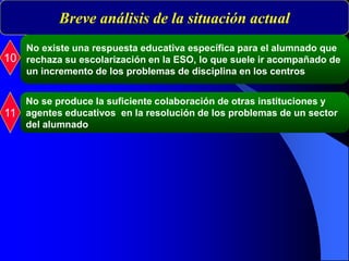 Breve análisis de la situación actual
No existe una respuesta educativa específica para el alumnado que
rechaza su escolarización en la ESO, lo que suele ir acompañado de
un incremento de los problemas de disciplina en los centros
10
11
No se produce la suficiente colaboración de otras instituciones y
agentes educativos en la resolución de los problemas de un sector
del alumnado
 