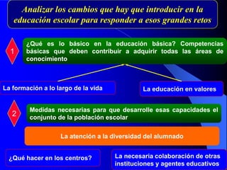 ¿Qué es lo básico en la educación básica? Competencias
básicas que deben contribuir a adquirir todas las áreas de
conocimiento
La formación a lo largo de la vida La educación en valores
¿Qué hacer en los centros?
Analizar los cambios que hay que introducir en la
educación escolar para responder a esos grandes retos
1
La necesaria colaboración de otras
instituciones y agentes educativos
2
Medidas necesarias para que desarrolle esas capacidades el
conjunto de la población escolar
La atención a la diversidad del alumnado
 