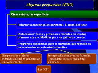 Otras estrategias específicas
Reforzar la coordinación horizontal. El papel del tutor
Reducción nº áreas y profesores distintos en los dos
primeros cursos. Medidas para los primeros cursos
Tiempo escolar y talleres
orientación laboral en colaboración
con Ayuntamientos
Algunas propuestas (ESO)
Programas específicos para el alumnado que rechaza su
escolarización en este nivel educativo
Incorporación de nuevos profesionales:
Trabajadores sociales, mediadores
culturales, ...
Los PCPI
 