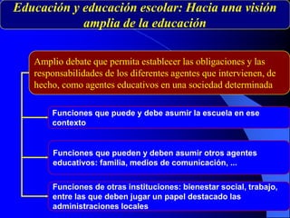 Amplio debate que permita establecer las obligaciones y las
responsabilidades de los diferentes agentes que intervienen, de
hecho, como agentes educativos en una sociedad determinada
Funciones que puede y debe asumir la escuela en ese
contexto
Funciones que pueden y deben asumir otros agentes
educativos: familia, medios de comunicación, ...
Funciones de otras instituciones: bienestar social, trabajo,
entre las que deben jugar un papel destacado las
administraciones locales
Educación y educación escolar: Hacia una visión
amplia de la educación
 