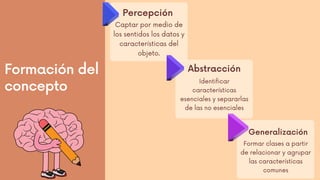 Formación del
concepto
Percepción
Identificar
características
esenciales y separarlas
de las no esenciales
Abstracción
Captar por medio de
los sentidos los datos y
características del
objeto.
Formar clases a partir
de relacionar y agrupar
las características
comunes
Generalización
 