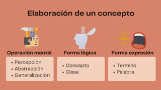 Elaboración de un concepto
Operación mental Forma lógica Forma expresión
Percepción
Abstracción
Generalización
Concepto
Clase
Termino
Palabra
 