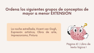 Ordena los siguientes grupos de conceptos de
mayor a menor EXTENSIÓN
La noche estrellada, Vicent van Gogh,
Expresión artística, Obra de arte,
Impresionismo, Pintura
Página 61 | Libro de
texto lógica I
 