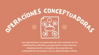 O
P
ERACIONESCONCEPTUADOR
A
S
Las operaciones conceptuadoras mas comunes son la
clasificación y división, ya que tienen como base las
relaciones entre conceptos de acuerdo a un
ordenamiento jerarquico con un determinado criterio
 