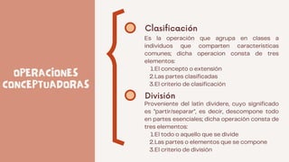 Clasificación
División
OPERACIONES
CONCEPTUADORAS


El concepto o extensión
Las partes clasificadas
El criterio de clasificación
Es la operación que agrupa en clases a
individuos que comparten caracteristicas
comunes; dicha operacion consta de tres
elementos:
1.
2.
3.
El todo o aquello que se divide
Las partes o elementos que se compone
El criterio de división
Proveniente del latín dividere, cuyo significado
es "partir/separar", es decir, descompone todo
en partes esenciales; dicha operación consta de
tres elementos:
1.
2.
3.
 