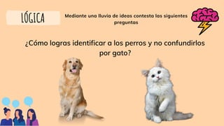 Mediante una lluvia de ideas contesta las siguientes
preguntas
LÓGICA
¿Cómo logras identificar a los perros y no confundirlos
por gato?
 