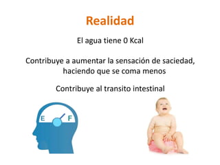 Realidad
              El agua tiene 0 Kcal

Contribuye a aumentar la sensación de saciedad,
          haciendo que se coma menos

        Contribuye al transito intestinal
 
