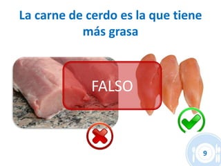 La carne de cerdo es la que tiene
           más grasa



             FALSO


                                    9
 