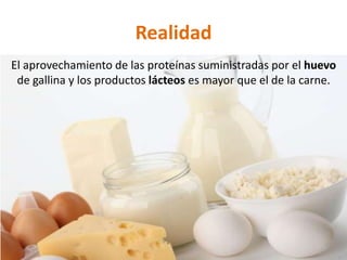 Realidad
El aprovechamiento de las proteínas suministradas por el huevo
 de gallina y los productos lácteos es mayor que el de la carne.
 