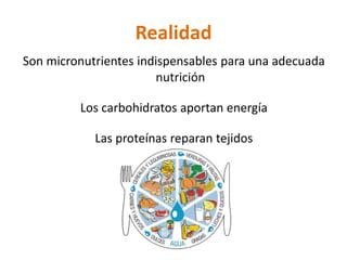 Realidad
Son micronutrientes indispensables para una adecuada
                       nutrición

         Los carbohidratos aportan energía

            Las proteínas reparan tejidos
 
