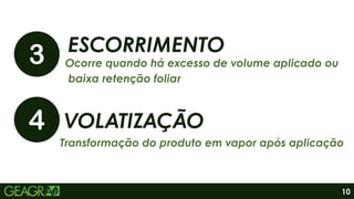 ESCORRIMENTO
Ocorre quando há excesso de volume aplicado ou
baixa retenção foliar
VOLATIZAÇÃO
Transformação do produto em vapor após aplicação
10
 