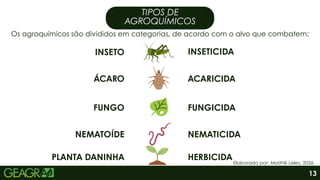TIPOS DE
AGROQUÍMICOS
Os agroquímicos são divididos em categorias, de acordo com o alvo que combatem:
INSETO
ÁCARO
FUNGO
NEMATOÍDE
PLANTA DANINHA
FUNGICIDA
ACARICIDA
INSETICIDA
NEMATICIDA
HERBICIDA
Elaborado por: Maithê Leles, 2026.
13
 
