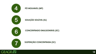 PÓ MOLHAVEL (WP)
SOLUÇÃO SOLÚVEL (SL)
CONCENTRADO EMULSIONÁVEL (EC)
SUSPENÇÃO CONCENTRADA (SC)
18
 