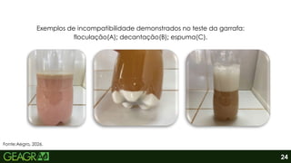 24
Fonte:Aegro, 2026.
Exemplos de incompatibilidade demonstrados no teste da garrafa:
floculação(A); decantação(B); espuma(C).
 