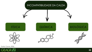 INCOMPATIBILIDADE DA CALDA
FÍSICA QUÍMICA BIOLÓGICA
25
Fonte: Canva, 2026.
 