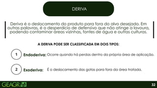 Deriva é o deslocamento do produto para fora do alvo desejado. Em
outras palavras, é o desperdício de defensivo que não atinge a lavoura,
podendo contaminar áreas vizinhas, fontes de água e outras culturas.
DERIVA
Endoderiva:
Exoderiva:
32
Ocorre quando há perdas dentro da própria área de aplicação.
É o deslocamento das gotas para fora da área tratada.
A DERIVA PODE SER CLASSIFICADA EM DOIS TIPOS:
 
