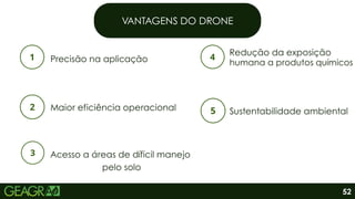 VANTAGENS DO DRONE
Precisão na aplicação
Redução da exposição
humana a produtos químicos
Acesso a áreas de díficil manejo
pelo solo
Maior eficiência operacional Sustentabilidade ambiental
52
 