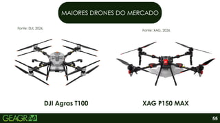 MAIORES DRONES DO MERCADO
DJI Agras T100 XAG P150 MAX
Fonte: DJI, 2026.
Fonte: XAG, 2026.
55
 