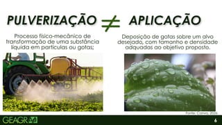 Processo físico-mecânico de
transformação de uma substância
líquida em partículas ou gotas;
Deposição de gotas sobre um alvo
desejado, com tamanho e densidade
adquadas ao objetivo proposto.
PULVERIZAÇÃO
PULVERIZAÇÃO APLICAÇÃO
APLICAÇÃO
Fonte: Canva, 2026.
6
 