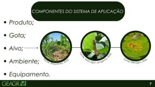 Produto;
Gota;
Alvo;
Ambiente;
Equipamento.
COMPONENTES DO SISTEMA DE APLICAÇÃO
COMPONENTES DO SISTEMA DE APLICAÇÃO
Fonte: Elevagro, 2026.
F
o
n
t
e
: M
ais agro ,syngenta,
2
0
2
6
.
Fonte: Blog sensix, 2023.
7
 
