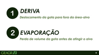 DERIVA
Deslocamento da gota para fora da área-alvo
EVAPORAÇÃO
Perda de volume da gota antes de atingir o alvo
9
 