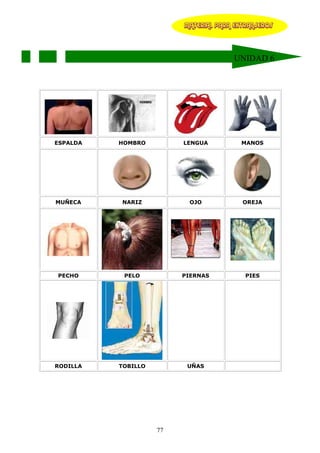 MATERIAL PARA EXTRANJEROS




                                       UNIDAD 6




ESPALDA   HOMBRO         LENGUA          MANOS




MUÑECA    NARIZ           OJO            OREJA




PECHO      PELO          PIERNAS          PIES




RODILLA   TOBILLO         UÑAS




                    77
 