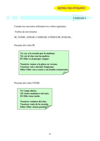 MATERIAL PARA EXTRANJEROS




                                                          UNIDAD 4


Cuando nos movemos utilizamos los verbos siguientes:

-Verbos de movimiento:

IR, VENIR, ANDAR, CAMINAR, CONDUCIR, PASEAR...


Presente del verbo IR


      Yo voy a la escuela por la mañana.
      Tú vas al cine con tus padres.
      Él /Ella va al parque a jugar.

      Nosotros vamos a la playa en verano.
      Vosotros vais a dormir temprano.
      Ellos/ Ellas van a cenar a un bonito restaurante.




Presente del verbo VENIR


      Yo vengo ahora.
      Tú vienes mañana a mi casa.
      Él /Ella viene tarde.

      Nosotros venimos del cine.
      Vosotros venís de la escuela.
      Ellos/ Ellas vienen pronto.




                                      61
 