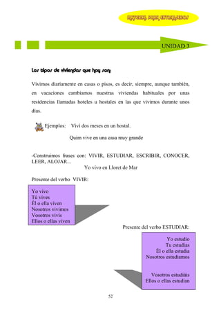 MATERIAL PARA EXTRANJEROS




                                                             UNIDAD 3



Los tipos de viviendas que hay son:

Vivimos diariamente en casas o pisos, es decir, siempre, aunque también,
en vacaciones cambiamos nuestras viviendas habituales por unas
residencias llamadas hoteles u hostales en las que vivimos durante unos
días.

        Ejemplos: Viví dos meses en un hostal.

                  Quim vive en una casa muy grande


-Construimos frases con: VIVIR, ESTUDIAR, ESCRIBIR, CONOCER,
LEER, ALOJAR...
                       Yo vivo en Lloret de Mar

Presente del verbo VIVIR:

Yo vivo
Tú vives
Él o ella viven
Nosotros vivimos
Vosotros vivís
Ellos o ellas viven
                                          Presente del verbo ESTUDIAR:

                                                              Yo estudio
                                                              Tu estudias
                                                         Él o ella estudia
                                                     Nosotros estudiamos


                                                        Vosotros estudiáis
                                                     Ellos o ellas estudian

                                    52
 