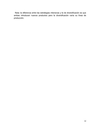 12
Nota: la diferencia entre las estrategias intensivas y la de diversificación es que
ambas introducen nuevos productos pero la diversificación varía su línea de
producción.
 
