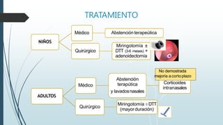 TRATAMIENTO
Médico Abstención terapeútica
NIÑOS
Quirúrgico
Miringotomía ±
DTT (3-6 meses) +
adenoidectomía
ADULTOS
Médico
Abstención
terapútica
y lavadosnasales
Corticoides
intranasales
Quirúrgico
Miringotomía ±DTT
(mayorduración)
No demostrada
mejoría acortoplazo
 