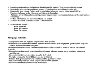 - Inici al projecte del nom de la classe: Els víkings i Els pirates. Tindrà continuïtat tot el curs.
- Descobrim la força d´atracció dels imants. Experimentem amb diferents materials.
- Dissolució: fang i aigua. Pintem amb el resultat de la barreja com es feia a la prehistòria.
- Premsem fulles de tardor i fem una activitat amb el resultat.
- Aplicació en la vida quotidiana d'algunes de les principals normes socials i valorar les aportacions
dels altres.
- Sortida a Collserola per observar el bosc a la tardor.
- Activitat de tardor: teatre a l´escola: “ La castanyera”
- Activitats per racons:
Racó de tardor
Racó Els pirates
Racó Els víkings
Llenguatge matemàtic
- Agrupacions amb els objectes segons una o més qualitats .
- Comparació de mides i mesures en objectes manipulables: gran-mitjà-petit, gruixut-prim, llarg-curt...
a partir d’activitats lliures i dirigides.
- Reconeixement de cossos i figures geomètriques: esfera, cilindre , quadrat, cercle, rectangle i
triangle.
- Reconeixement de nombres en situacions diverses, adonant-se que són presents en situacions
quotidianes.
- Reconeixement i reproducció de la grafia de l’ 1, 2, 3 .
- Comptar en veu alta fins al 25 (els nens de la classe ).
- Relació de la grafia del número amb la quantitat que representen.
- Dibuixar els objectes que falten segons una quantitat donada.
- Reconeixement des quantificadors: molts/pocs.
 