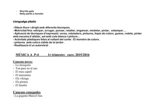 - Shut the gate
- Nelly paints a monster
Llenguatge plàstic
- Dibuix lliure i dirigit amb diferents tècniques.
- Motricitat fina: estripar, arrugar, punxar, retallar, enganxar, modelar, pintar, estampar....
- Aplicació de tècniques d’expressió: ceres, retoladors, pintures, llapis de colors, guixos, rodets, pintar
amb escuma d´afaitar, sal amb cola blanca i pintura...
- Activitats plàstiques fetes al voltant del conte : El monstre de colors.
- pintures amb colors càlids de la tardor.
- Realització d´un autoretrat .
MÚSICA A P-4 1r trimestre curs: 2015/2016
Cançons noves:
- La mosqueta
- Ton pare no té nas
- El meu capell
- El marrameu
- Els vikings
- Els pirates
- El fanalet
Cançons conegudes
- La geganta Marcel·lina
 